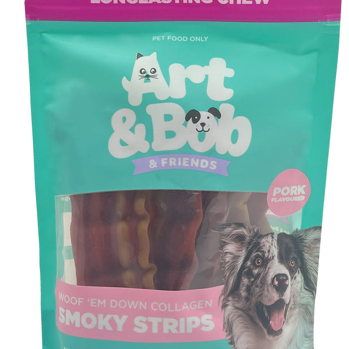 Pet food package for dogs with 'Art & Bob & Friends' branding on a teal background.