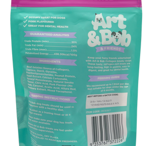 Back of a teal pet treat package for dogs with text and branding details.