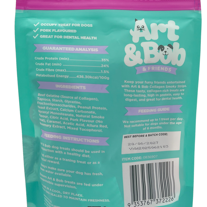 Back of a teal pet treat package for dogs with text and branding details.