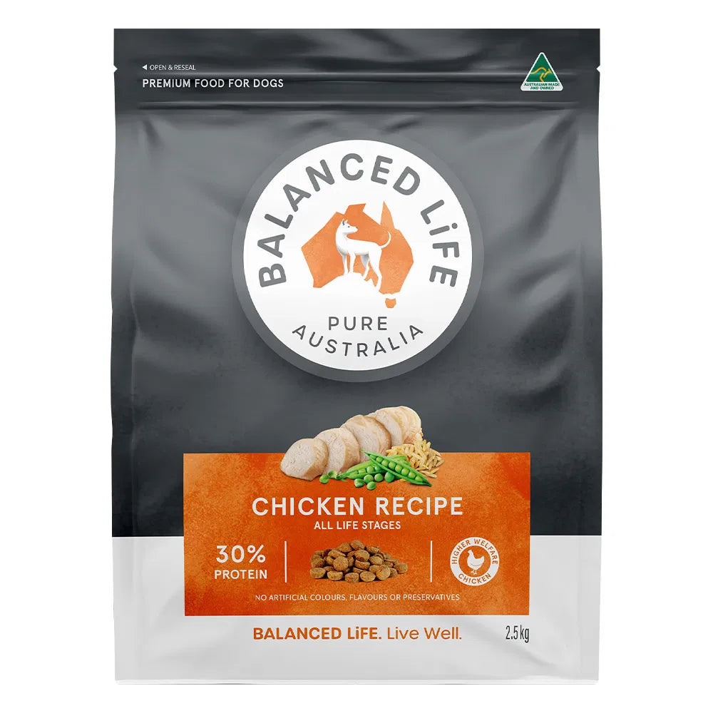 Balanced Life Pure Australia dog food package with chicken recipe on a white background at Pet Servo