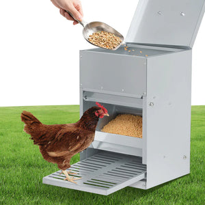 Chicken feeder with a chicken and a hand pouring feed into it on grass.