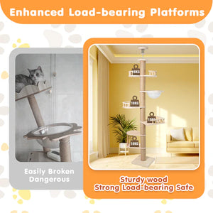 Comparison of a fragile cat tree and a sturdy wooden one with text highlighting safety and durability at Pet Servo