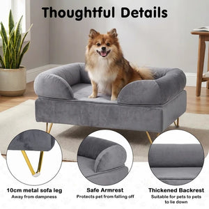 A small fluffy dog sits on a gray upholstered pet sofa bed with gold-tone legs in a bright room. The image includes the text 'Thoughtful Details' and three circular inset callouts showing close-ups of the metal leg, armrest safety, and thickened backrest at Pet Servo
