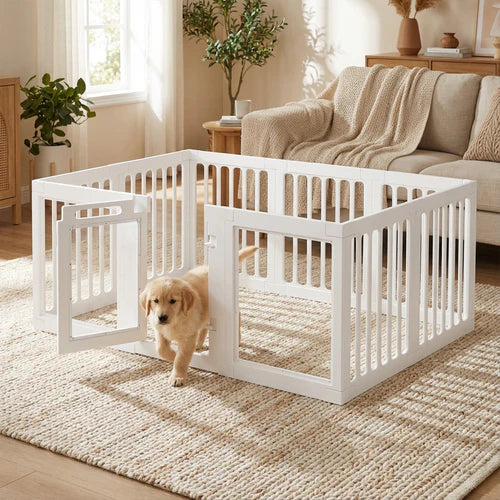 White pet playpen with a dog inside in a living room setting at Pet Servo