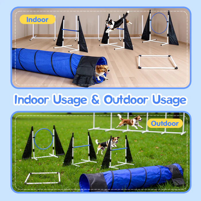 Dog agility training equipment with indoor and outdoor usage examples.