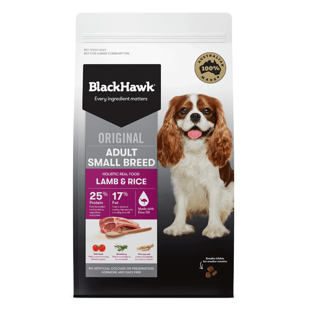 A package of Black Hawk - Lamb & Rice Small Breed Adult Dog Food 3Kg with a picture of a small breed adult dog on the front - at Petservo
