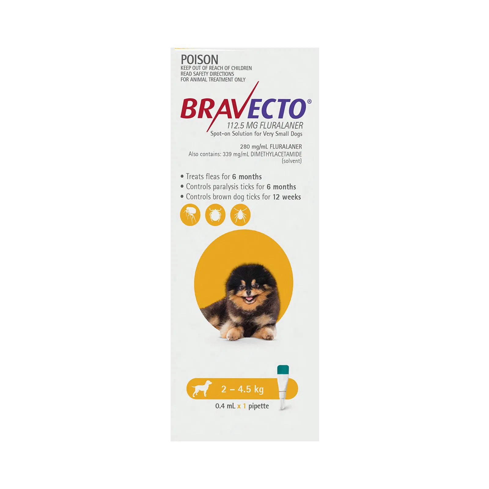 Buy Bravecto Spot On for X-Small Dogs (2 - 4.5 kg) Yellow at Pet Servo