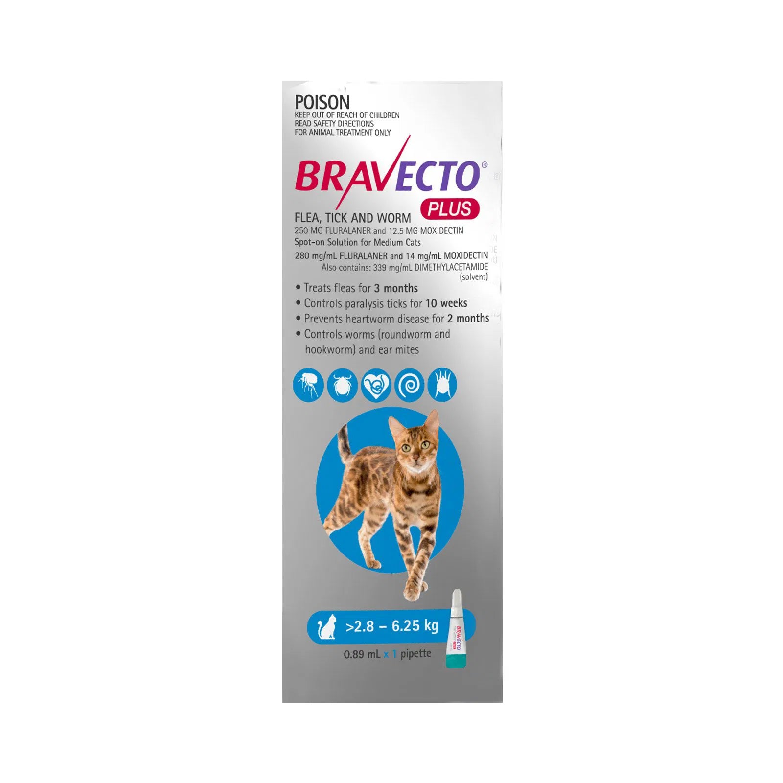 Buy Bravecto Plus for Medium Cats 2.8 – 6.25 kg (Blue) at Pet Servo