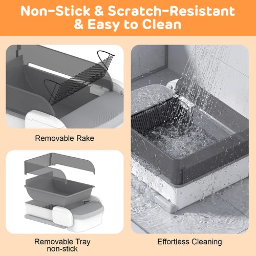 Promotional graphic for a pet litter box featuring text reading 'Non-Stick & Scratch-Resistant & Easy to Clean' and three inset panels showing a removable rake, a removable tray, and water runoff during cleaning at Pet Servo