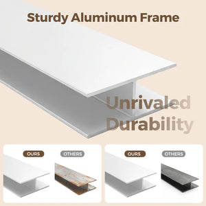 Sturdy aluminum frame with text highlighting durability on a beige background at Pet Servo