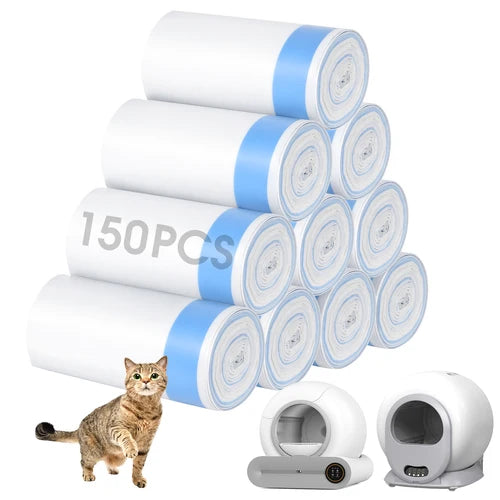A set of 150 rolls of cat litter shown stacked in a pyramid, with a small tabby cat standing beside them and two white cat litter boxes at the bottom on a plain white background at Pet Servo