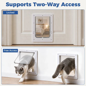 A cat door shown in two states: locked on a closed door at the top, and free access on a wall at the bottom, with two cats demonstrating use. The text reads 'Supports Two-Way Access' and 'Locked' / 'Free Access' at Pet Servo