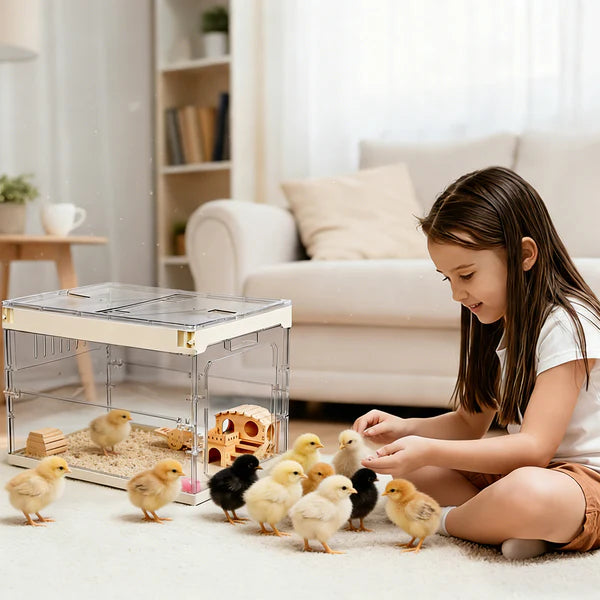 Child playing with baby chicks in a transparent chicken coop on a living room floor.