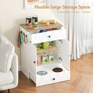 White storage cabinet with open doors showing food supplies in a room with a chair and curtains.