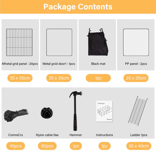 Package contents list with various items and their specifications on a gray background.