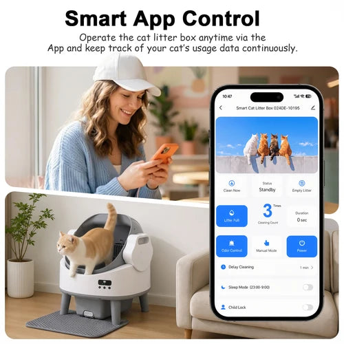 Smart cat litter box with app control feature, showing a woman using her phone and the app interface at Pet Servo