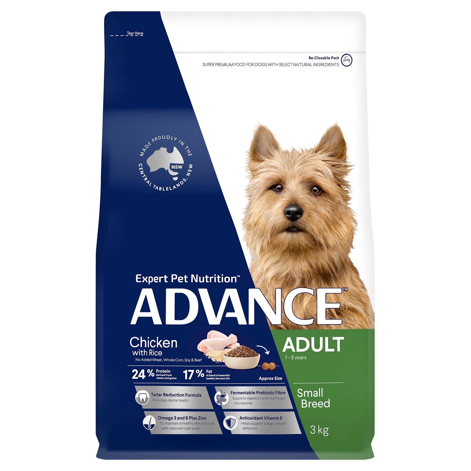 Advance dog food package for small breed dogs with a blue and white design at Pet Servo
