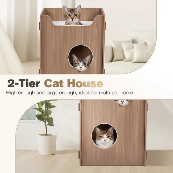 2-tier cat house with cats inside, ideal for multi-pet homes.
