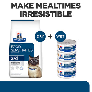 Hills Prescription Diet z/d Food Sensitivities cat food package with text 'Make Mealtimes Irresistible'.