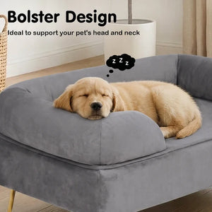 A golden retriever puppy sleeping soundly on a plush gray bolster pet bed in a cozy room setting. Text overlays highlight the bolster design's suitability for supporting a pet's head and neck at Pet Servo