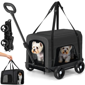 Pet stroller with wheels and a carrying case, featuring two dogs inside at Pet Servo