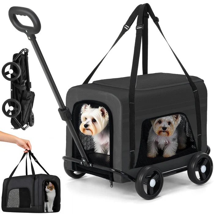Pet stroller with wheels and a carrying case, featuring two dogs inside at Pet Servo