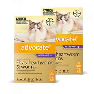 Two boxes of Advocate and Vocate for cats on a white background at Pet Servo