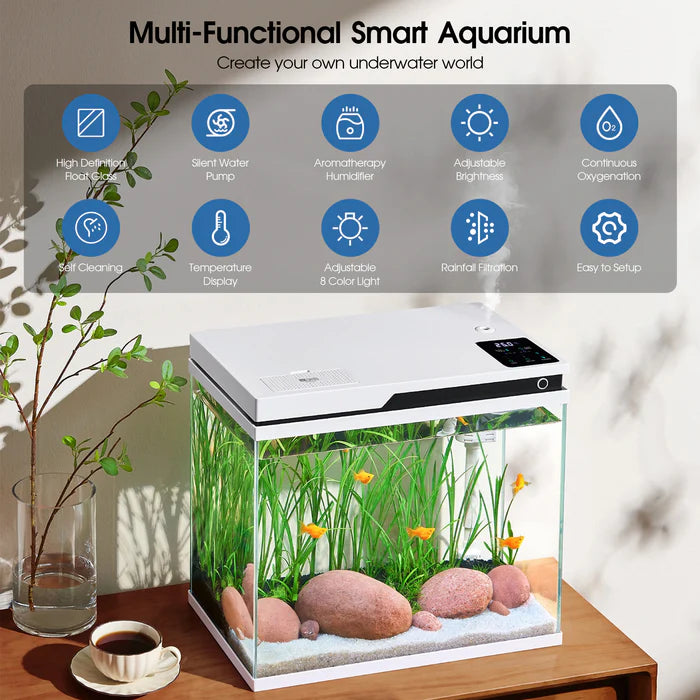 Multi-functional smart aquarium with features listed on a gray panel, placed on a wooden surface.