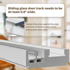 Sliding glass door track with text on required width and installation instructions at Pet Servo