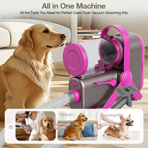 Dog grooming machine with pink accents and a dog sitting next to it in a living room at Pet Servo