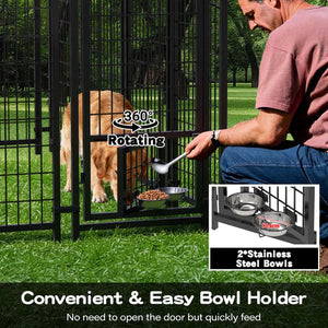 Dog being fed from a bowl holder attached to a dog crate with a man feeding the dog at Pet Servo