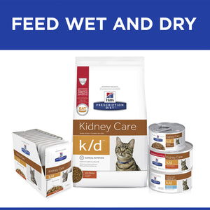 Hill's Prescription Diet k/d Kidney Care cat food products on a white background with blue banner.