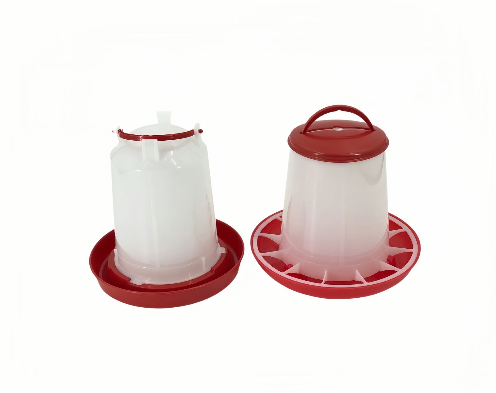 Two red and white plastic feeders on a white background at Pet Servo