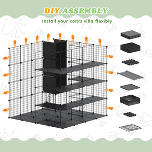 DIY cat playpen assembly kit with components on a light green background