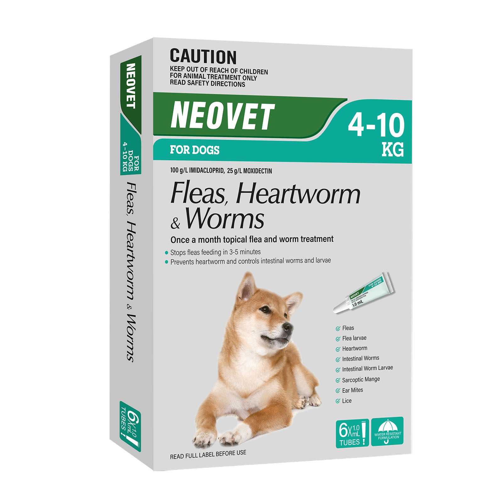 Neovet flea, heartworm, and worm treatment packaging for dogs on a white background