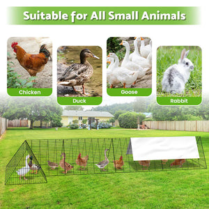 Outdoor setting with small animals and a wire enclosure, suitable for chicken, duck, goose, and rabbit.