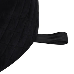 Black quilted seat cover with a strap on a white background at Pet Servo