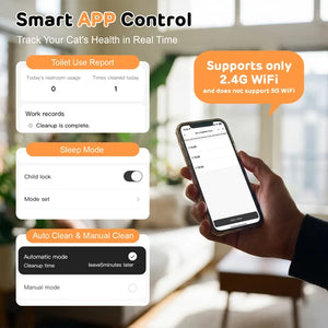 Smart app control interface for tracking a cat's health in real time, shown with phone screenshots and a hand holding a smartphone in a bright indoor setting. Text highlights features like toilet use reports, sleep mode, and auto clean/manual clean, with a note that it supports only 2 at Pet Servo
