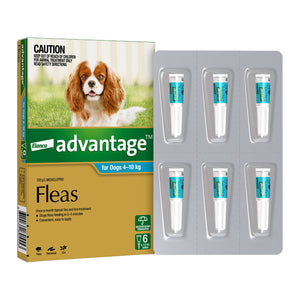 Elanco Advantage flea treatment packaging for dogs with a dog on the grass in the background at Petservo.