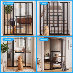 A four-panel collage showing a black metal pet gate installed in different home settings: a living room, stairs, kitchen, and bedroom. In each panel, the gate is centered at the entrance, with a dog or cat sitting or standing in the room behind it at Pet Servo