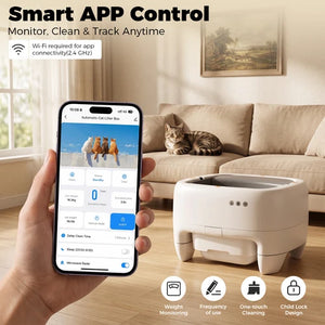 A hand holds a smartphone showing a cat litter box app interface in front of a living room scene with a cat on a beige sofa and a white automatic cat litter box on the floor. Text at the top reads 'Smart APP Control' and icons at the bottom describe features like weight monitoring, frequency of use, one-touch cleaning, and child lock design at Pet Servo