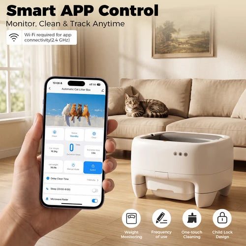 A hand holds a smartphone showing a cat litter box app interface in front of a living room scene with a cat on a beige sofa and a white automatic cat litter box on the floor. Text at the top reads 'Smart APP Control' and icons at the bottom describe features like weight monitoring, frequency of use, one-touch cleaning, and child lock design at Pet Servo