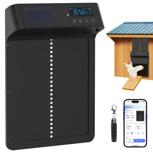 Black electronic device with digital display, remote control, and smartphone app on a white background.