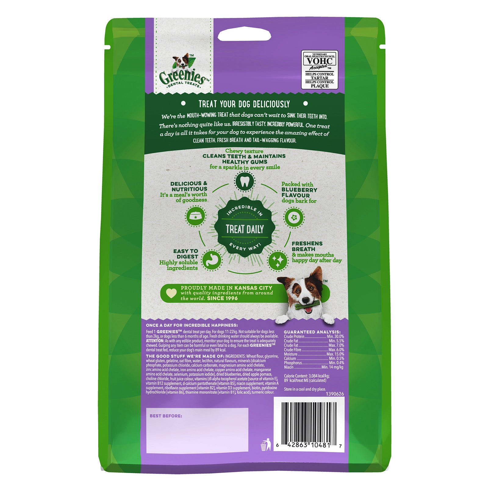Greenies dental dog treat package with green and purple design on a white background