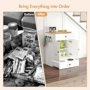 Before and after comparison of a cluttered area with shelves and organized products.