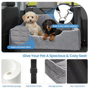 Pet car seat with two dogs inside, featuring safety leashes and plush fabric at Pet Servo