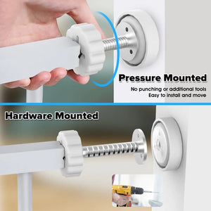 Installation comparison graphic showing a white wall-mounted bracket with a threaded rod and round mounting plate. The top panel shows a hand pressing the white clamp into place with text reading 'Pressure Mounted' and 'No punching or additional tools Easy to install and move at PET SERVO