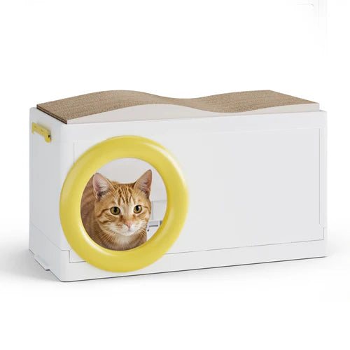Cat-shaped product with a yellow circle and a cat's face on a white background at Pet Servo