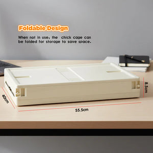 Foldable chick cage on a desk with dimensions and text about foldable design at Pet Servo