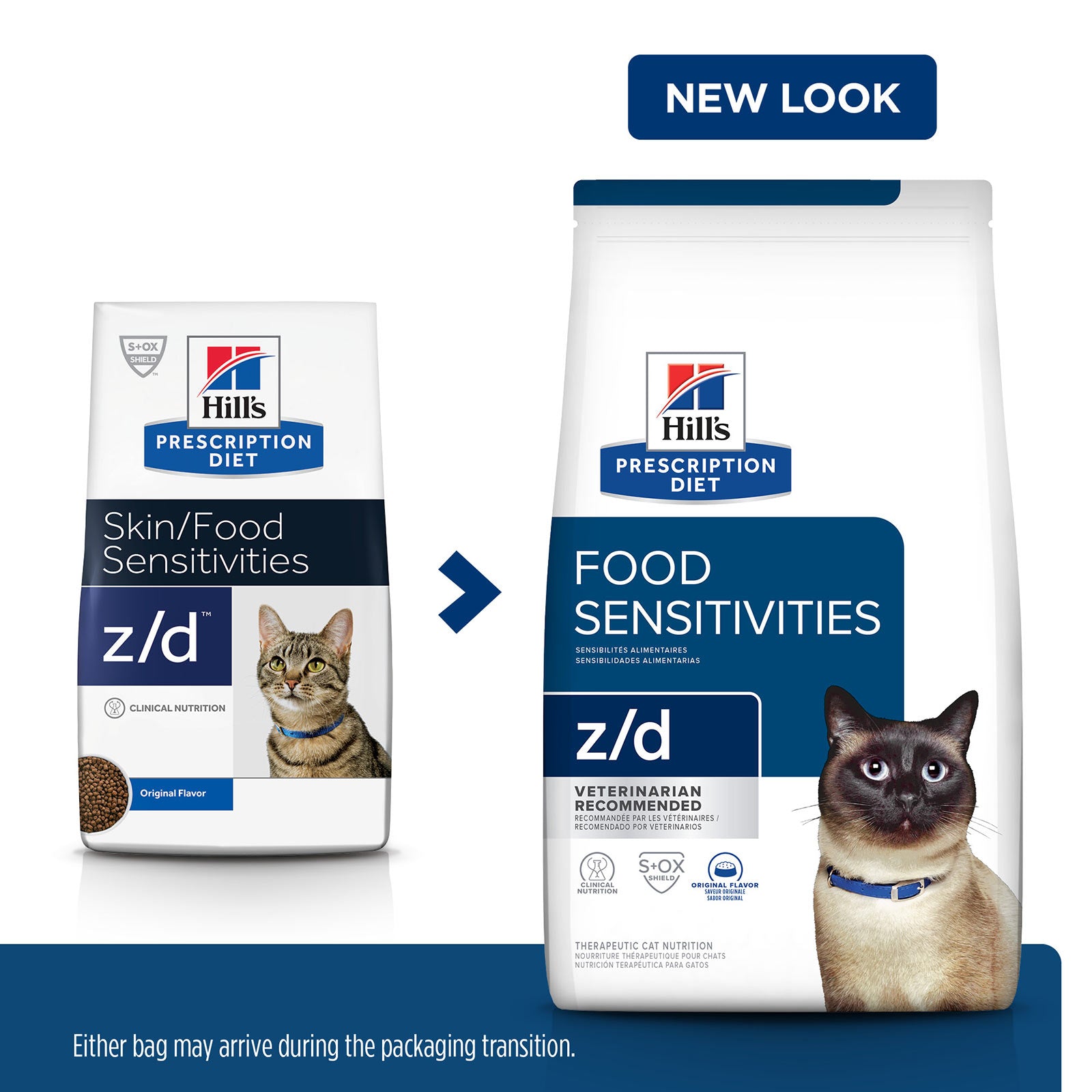 Two packages of Hills Prescription Diet z/d Food Sensitivities cat food with a blue arrow and text indicating a new look at Pet Servo